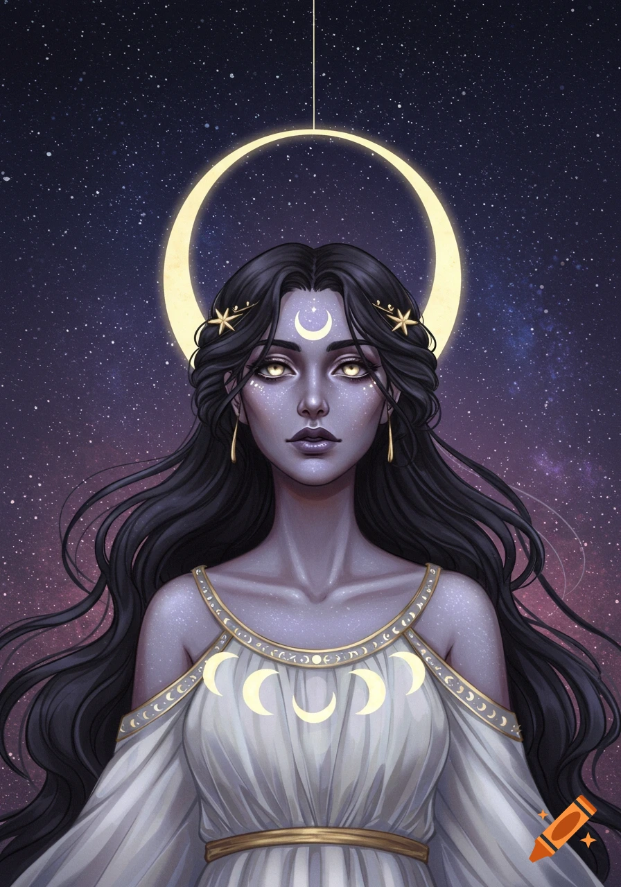 Stylized portrait of a moon goddess with dark hair, glowing eyes, and a crescent on her forehead, wearing a white dress, against a starry sky.