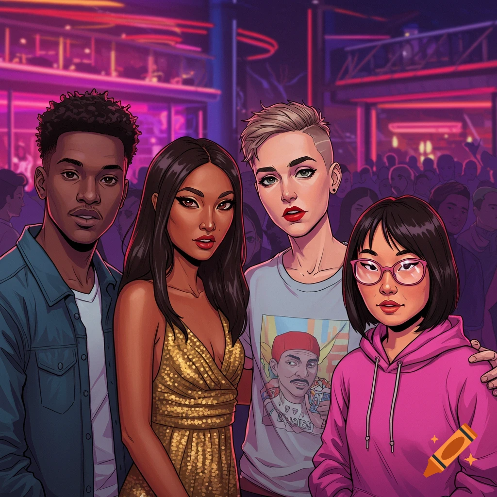 Four diverse friends, including one in a gold dress and another in a pink hoodie, stand together in a neon-lit club, drawn in an anime style.