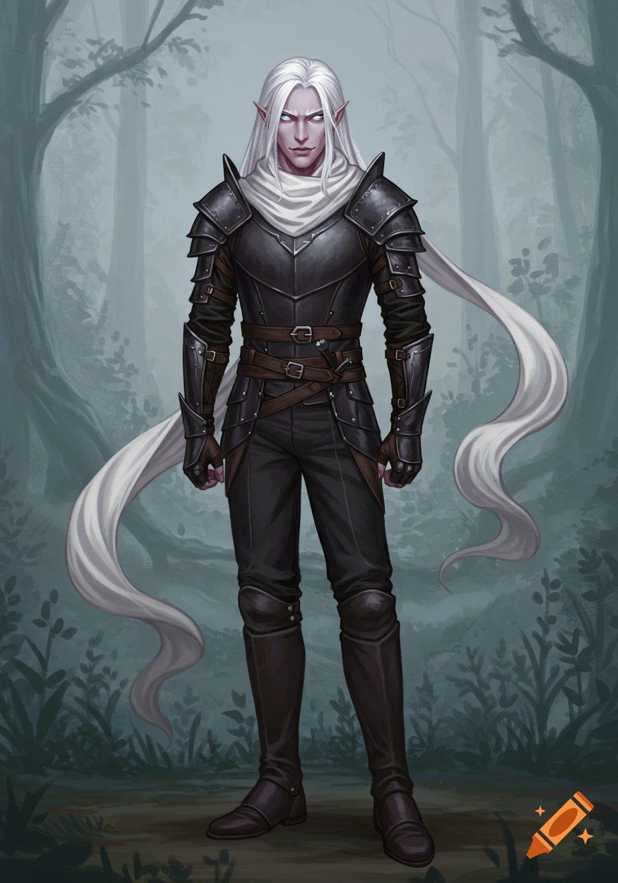 A pale-skinned male dhampir with long white hair, glowing blue eyes, and dark armor stands in a misty forest.