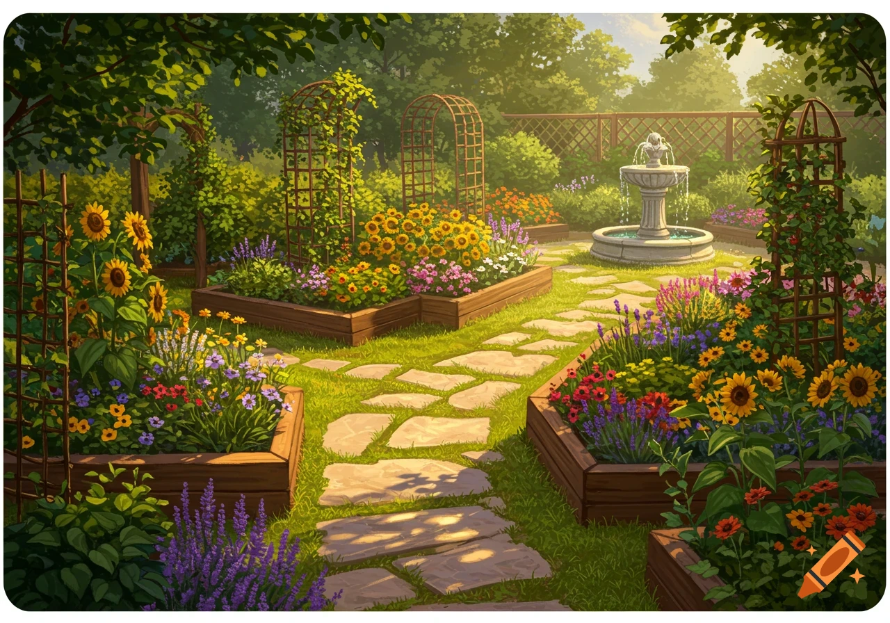 A vibrant garden with raised beds, a stone walkway, and a fountain, surrounded by colorful flowers and lush greenery.