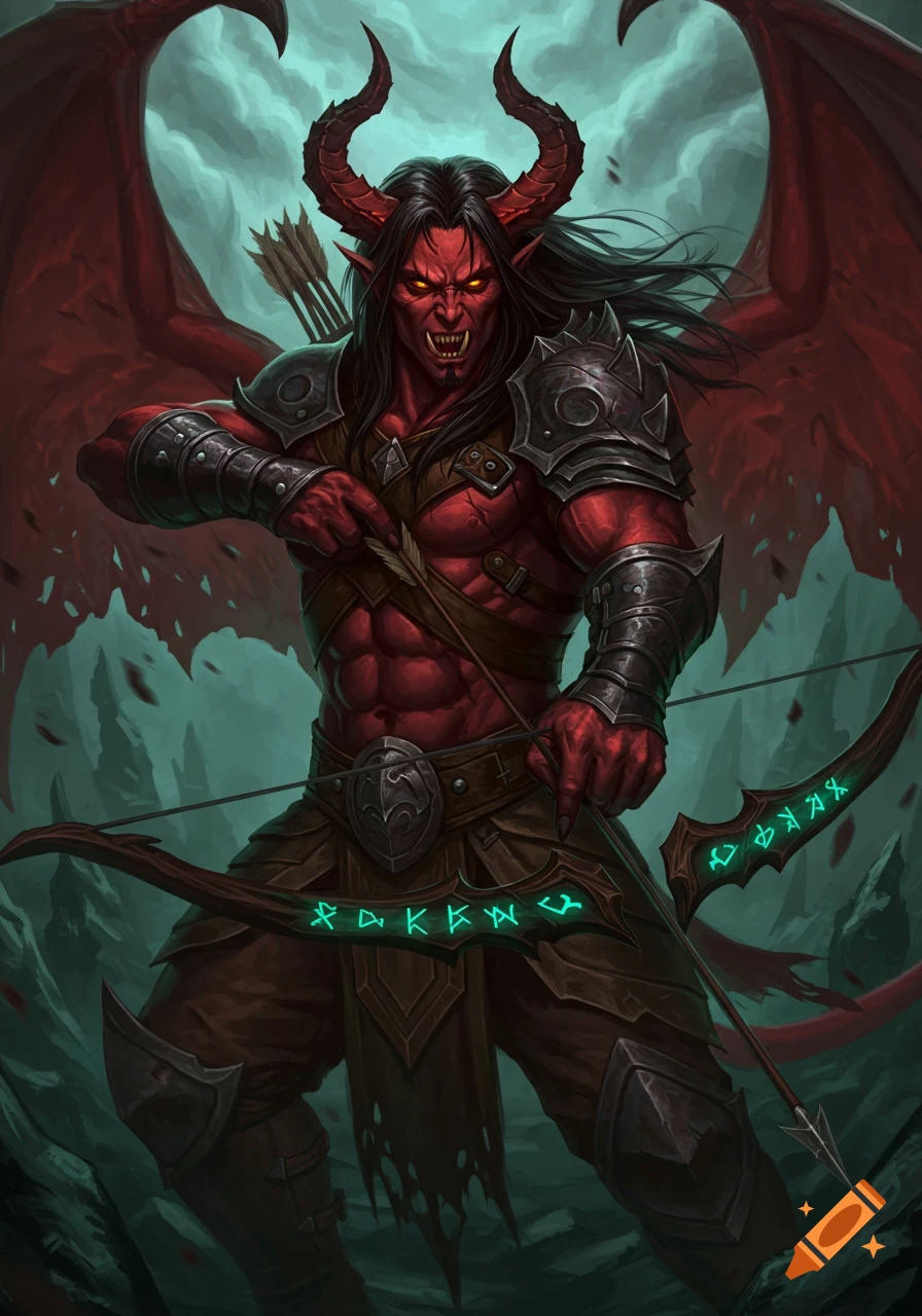 A fierce red-skinned demon with horns, black hair, and wings, wearing dark armor and holding a magic bow with glowing runes.
