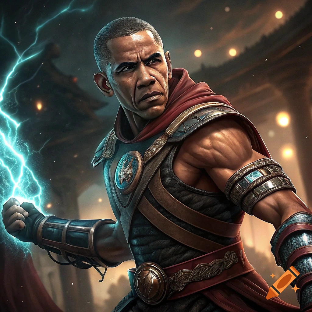 Muscular Barack Obama as a fantasy warrior with lightning in his hand, wearing armor and a red cape, in a dark, atmospheric setting.