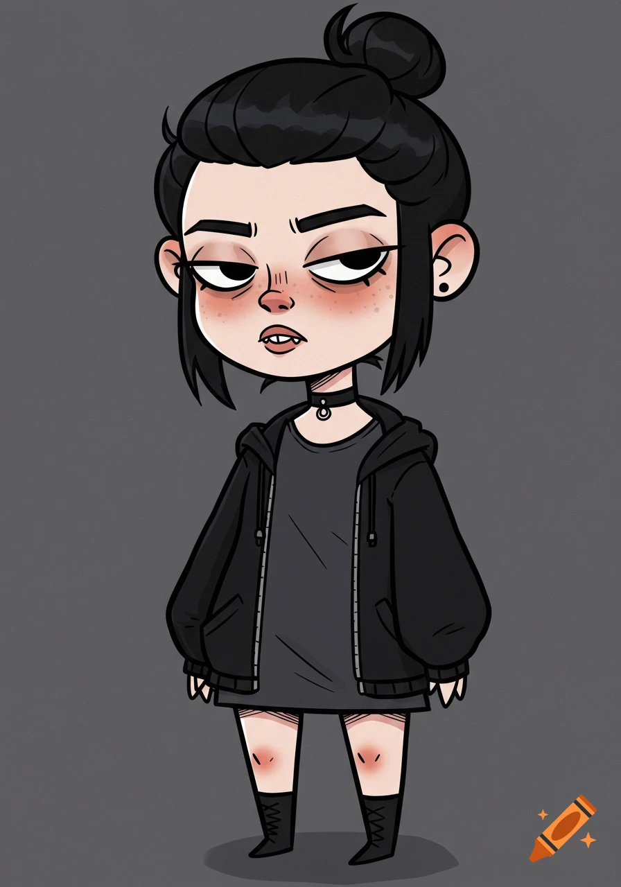 A cartoon young woman with black hair in a bun, wearing a dark hoodie and choker, with buckteeth and red cheeks.