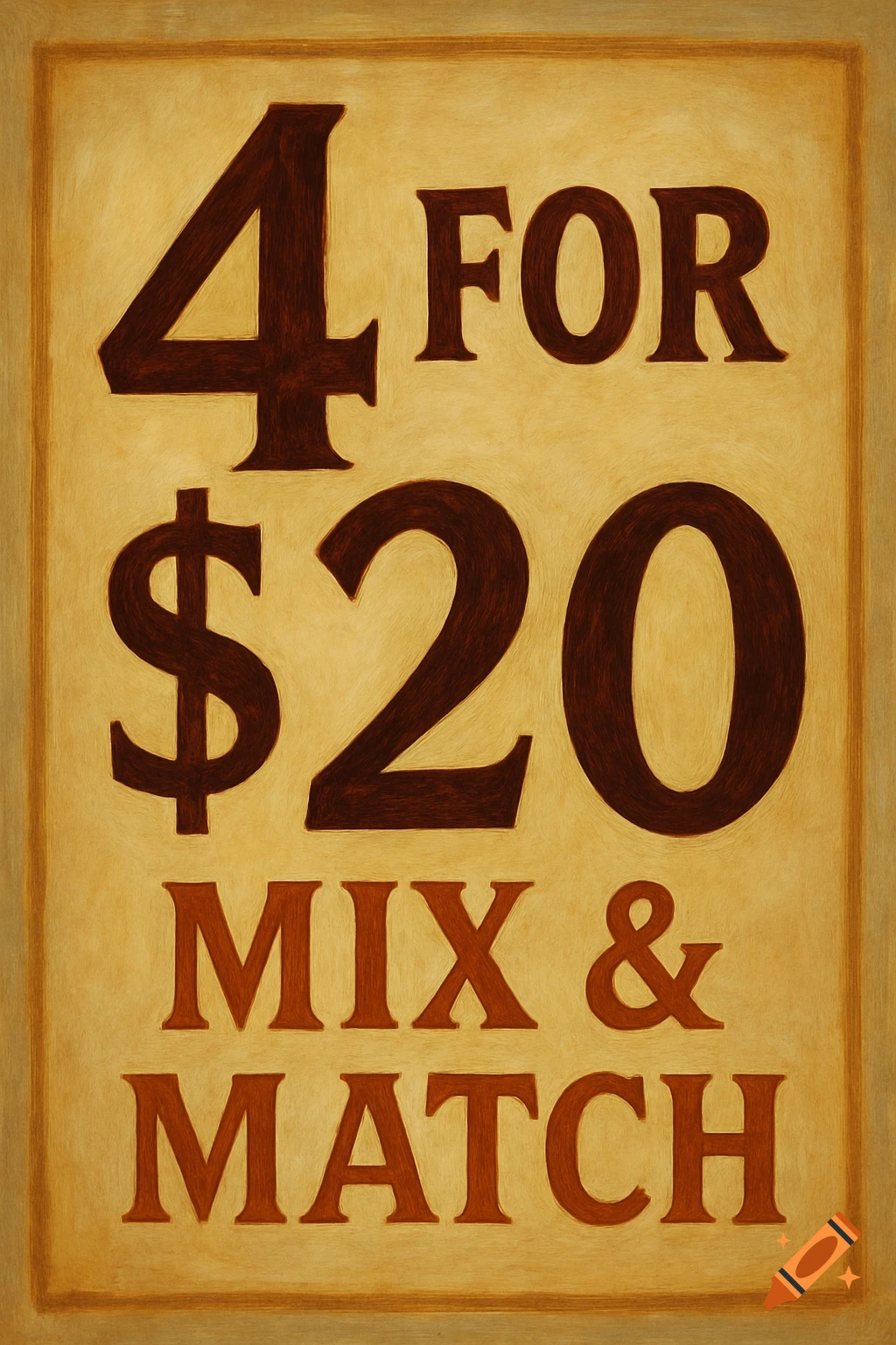 A painted sign displaying the text '4 FOR $20 MIX & MATCH' in brown letters on a beige background.