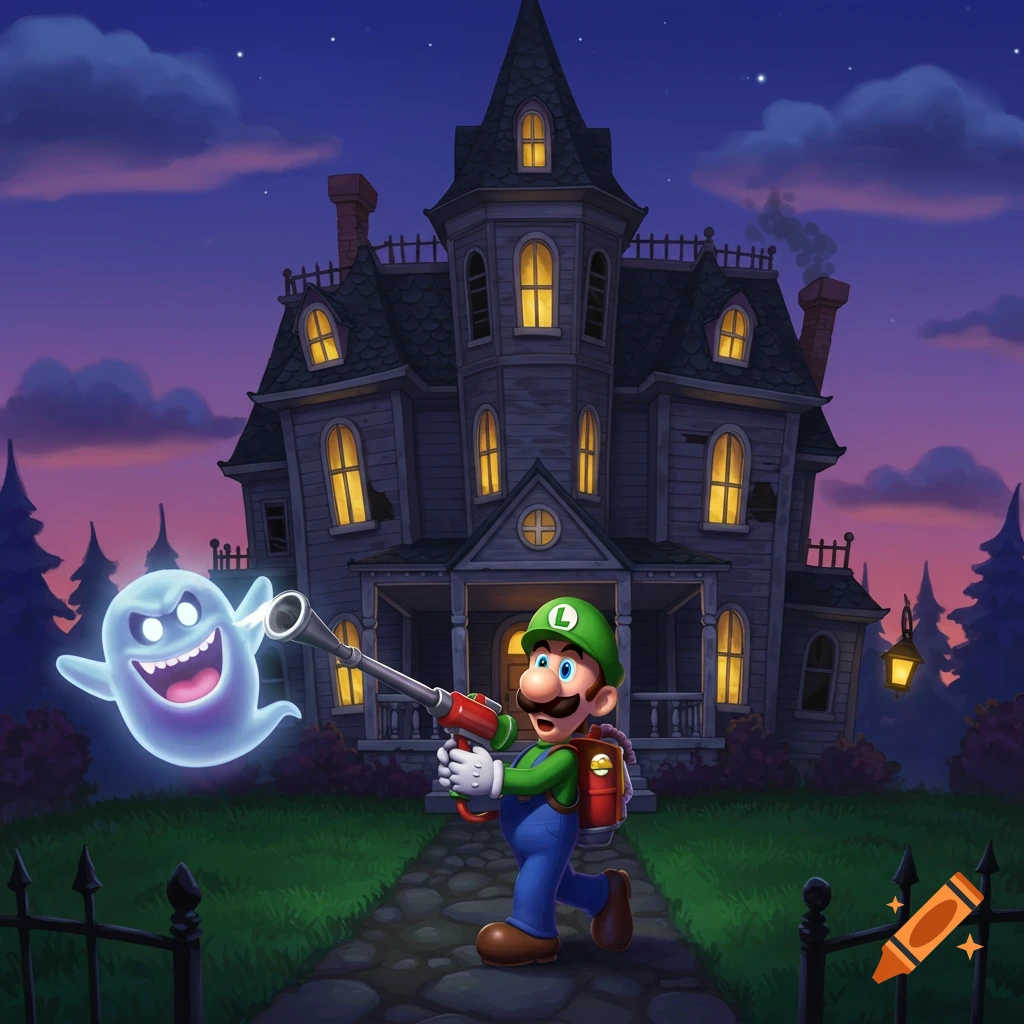 Luigi with a vacuum gun facing a ghost outside a haunted mansion at night, video game art.