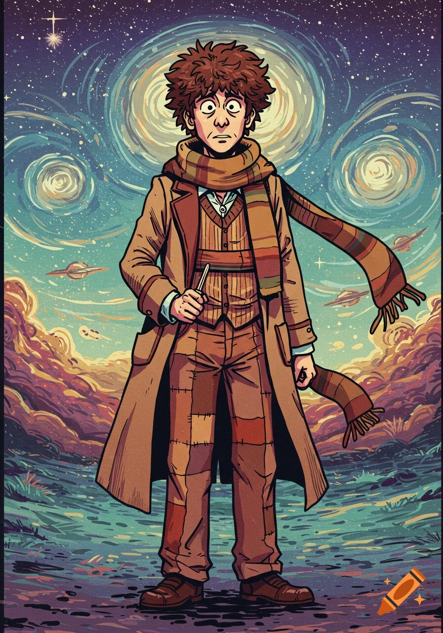 Cartoon character resembling the Fourth Doctor from Doctor Who with a distressed expression, standing in a Van Gogh-style starry night landscape.