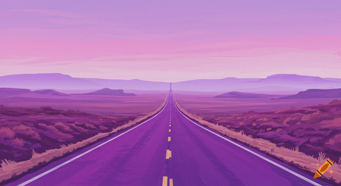 A stylized illustration of a long purple road stretching through a purple desert landscape towards distant mountains under a pink sky.