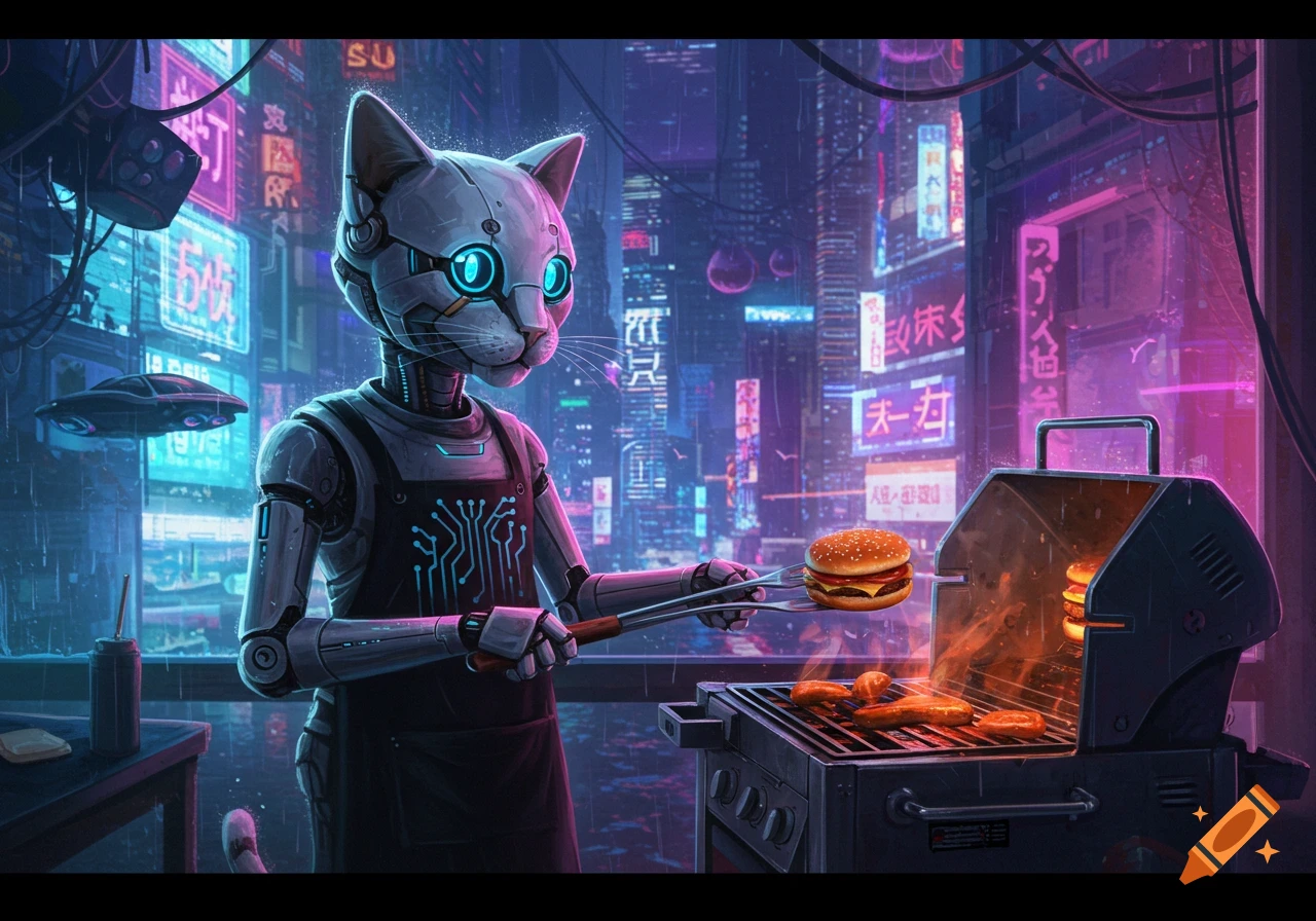 A futuristic robot cat in an apron uses tongs to grill hamburgers on a BBQ in a neon-lit cyberpunk city.