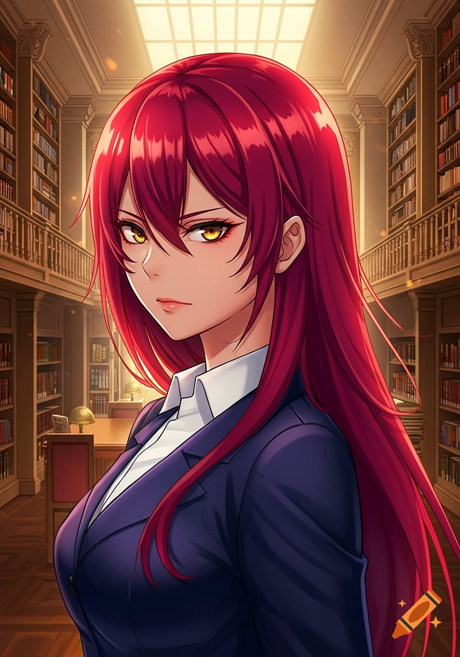 An anime-style woman with long red hair and golden eyes wearing a suit, standing in a large library.