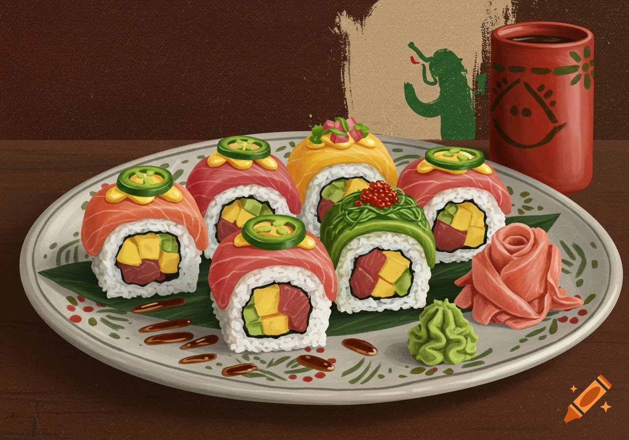 A plate of colorful sushi rolls, some topped with jalapenos, beside pickled ginger, wasabi, and a red cup with a stylized design.
