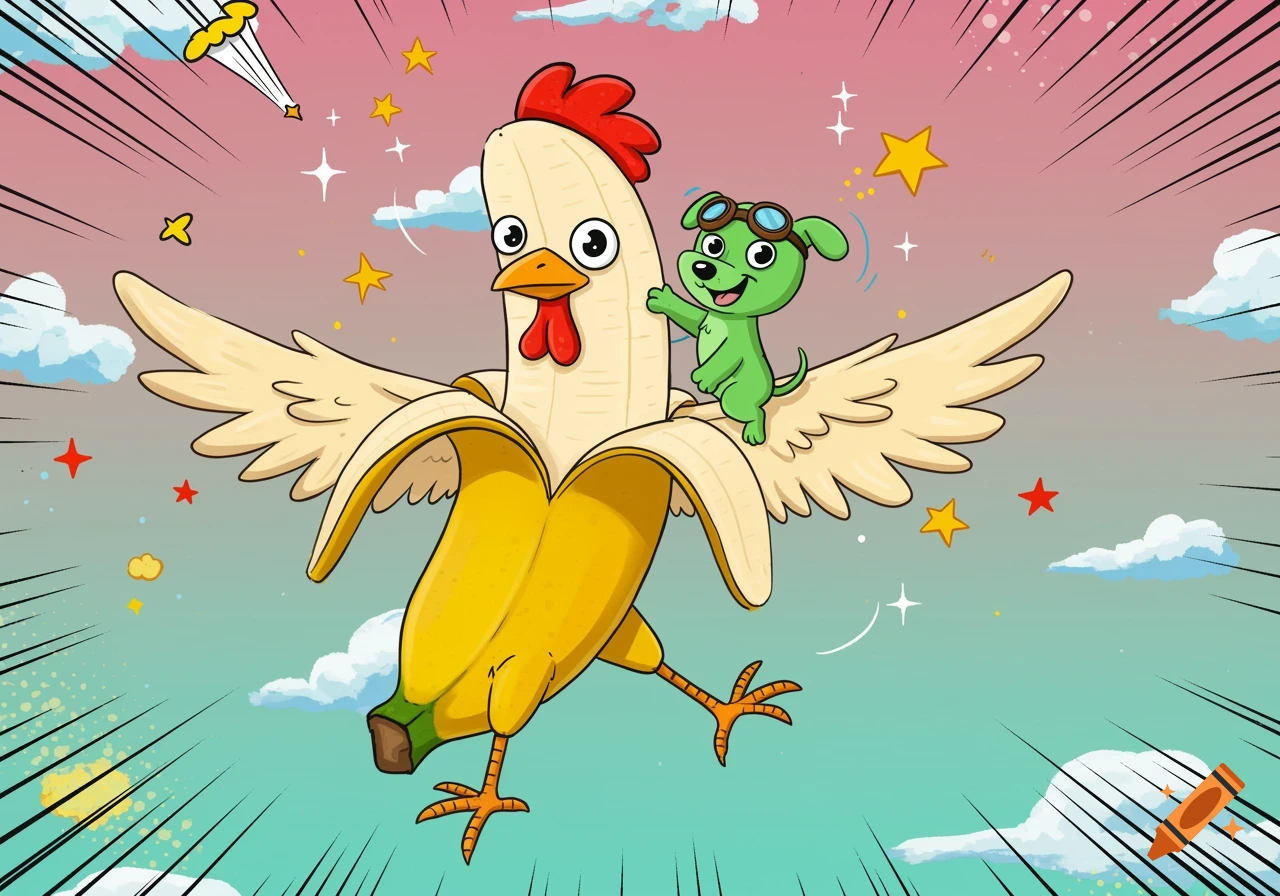 A cartoon banana-chicken hybrid with wings flies through a comic-style sky, carrying a green puppy with aviator goggles.