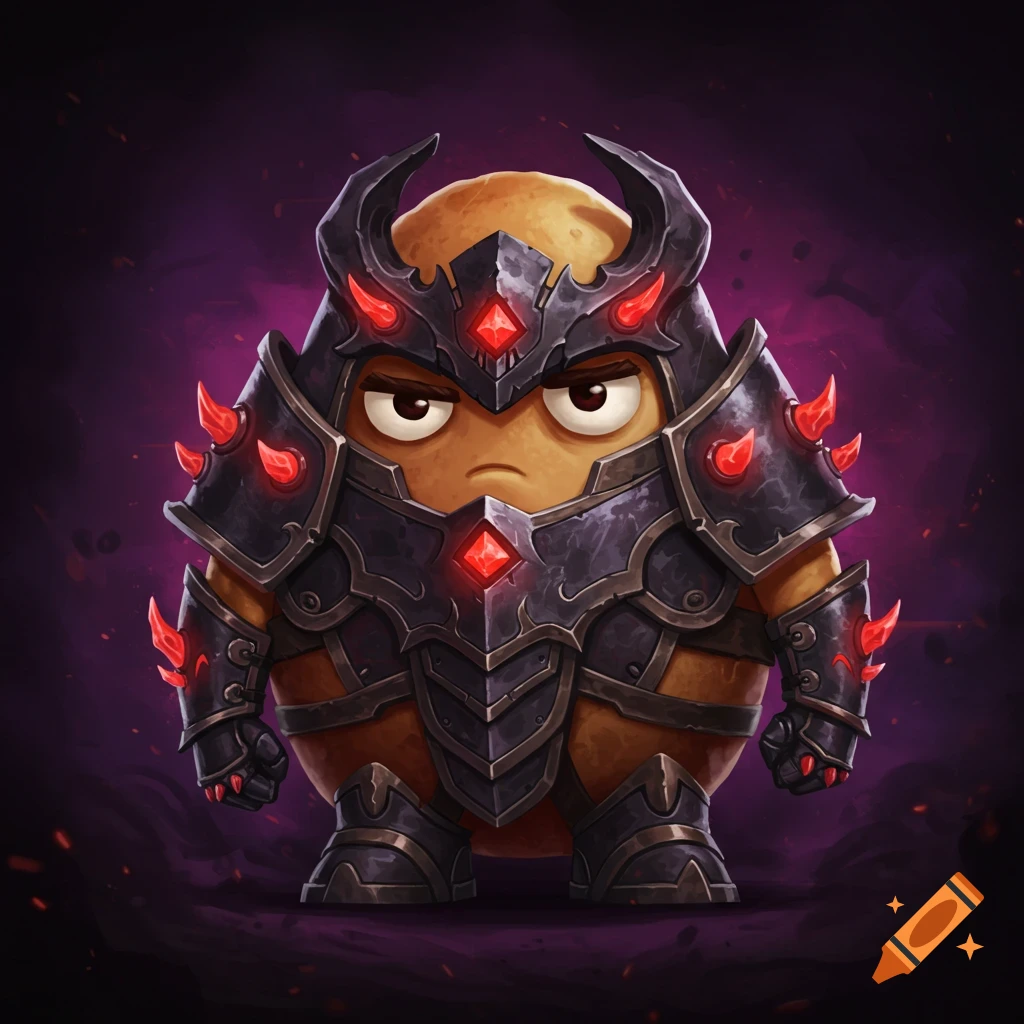 A cute, grumpy-faced potato character wearing dark fantasy armor with red glowing spikes and gems against a purple background.