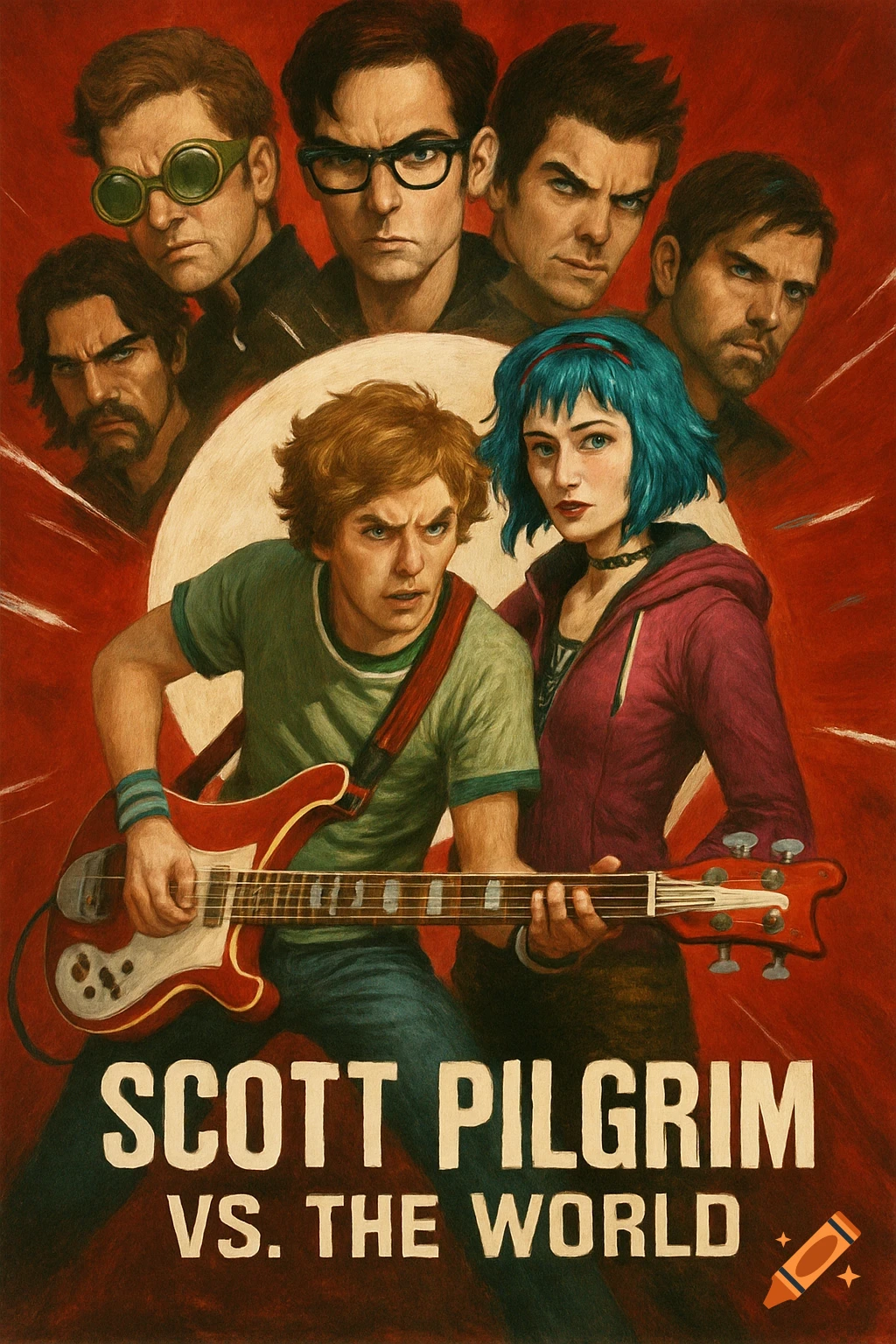 A stylized movie poster for Scott Pilgrim vs. The World, showing Scott Pilgrim with a bass guitar, Ramona Flowers, and multiple male characters on a red background.