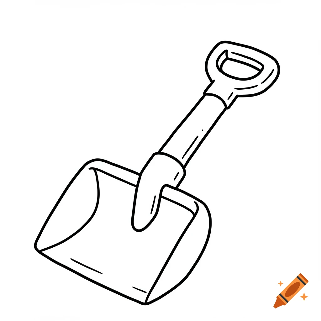 A black and white cartoon outline of a shovel.