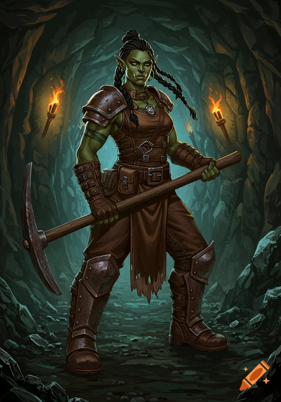 A fierce green-skinned half-orc woman in brown leather mining gear holds a pickaxe in a dark, torch-lit cave, fantasy art style.