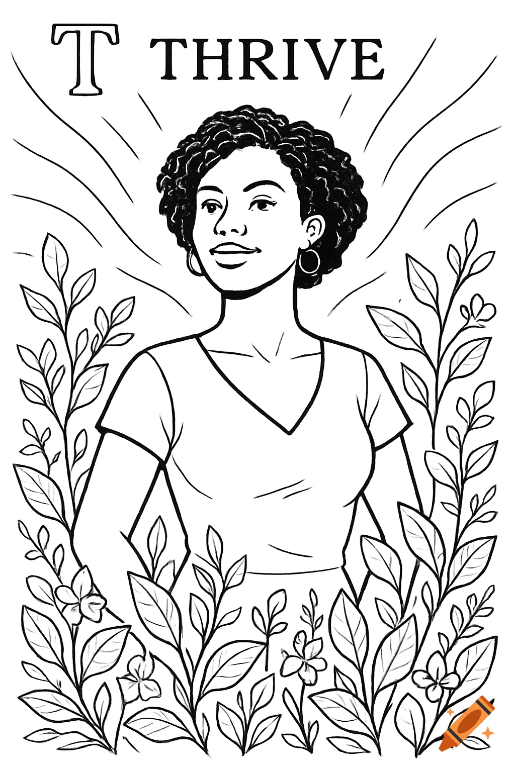 Black and white line drawing of a confident Black woman with curly hair, surrounded by lush plants, with the words 'T THRIVE' above her head.