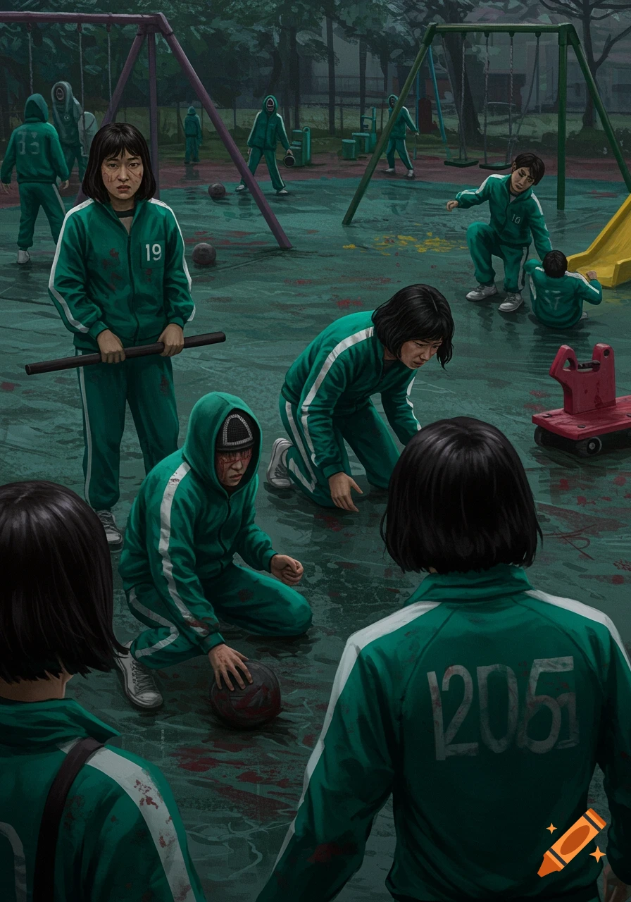 Characters in green tracksuits gather in a dark, blood-splattered playground with swings and slides.