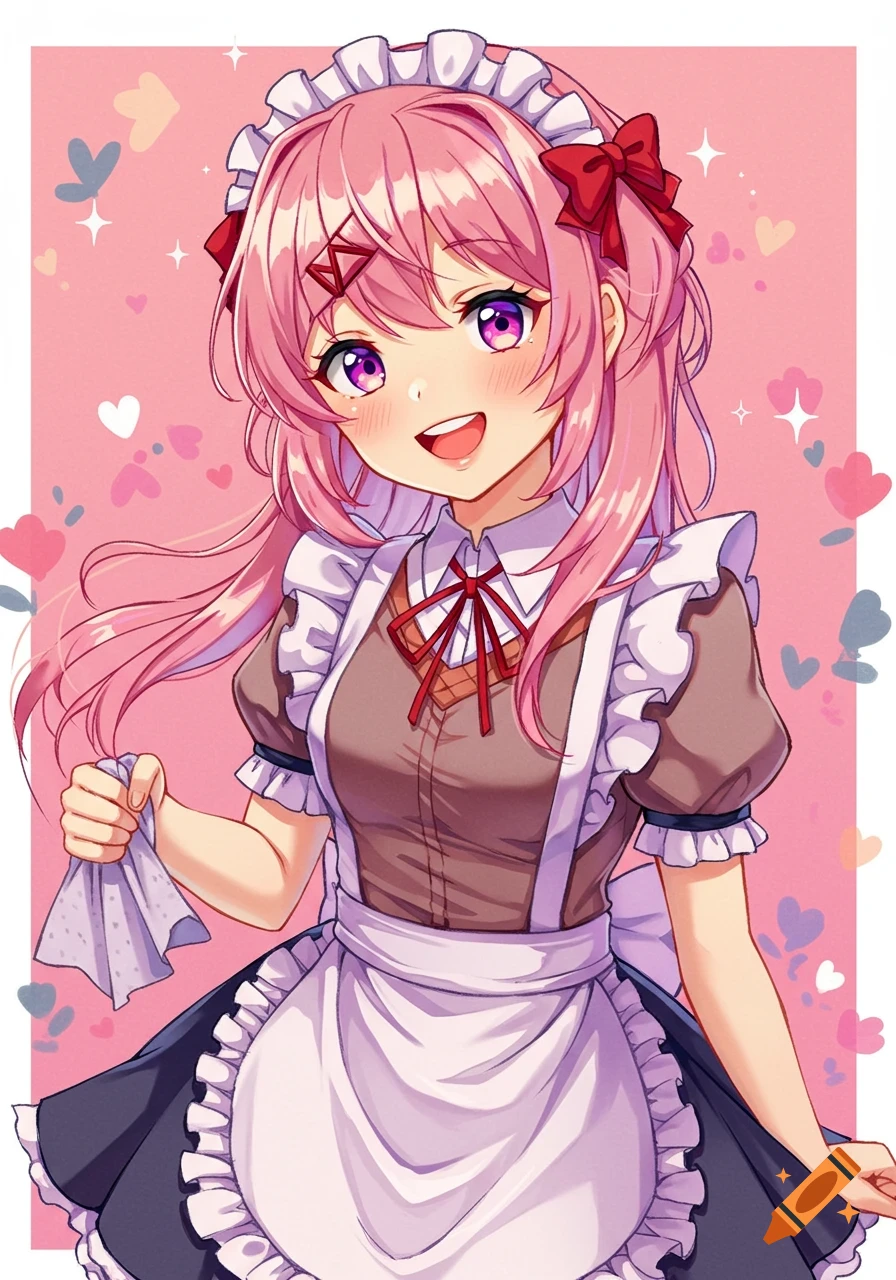An anime girl with pink hair and purple eyes, smiling in a brown and white maid outfit, holding a cloth against a pink background with hearts.