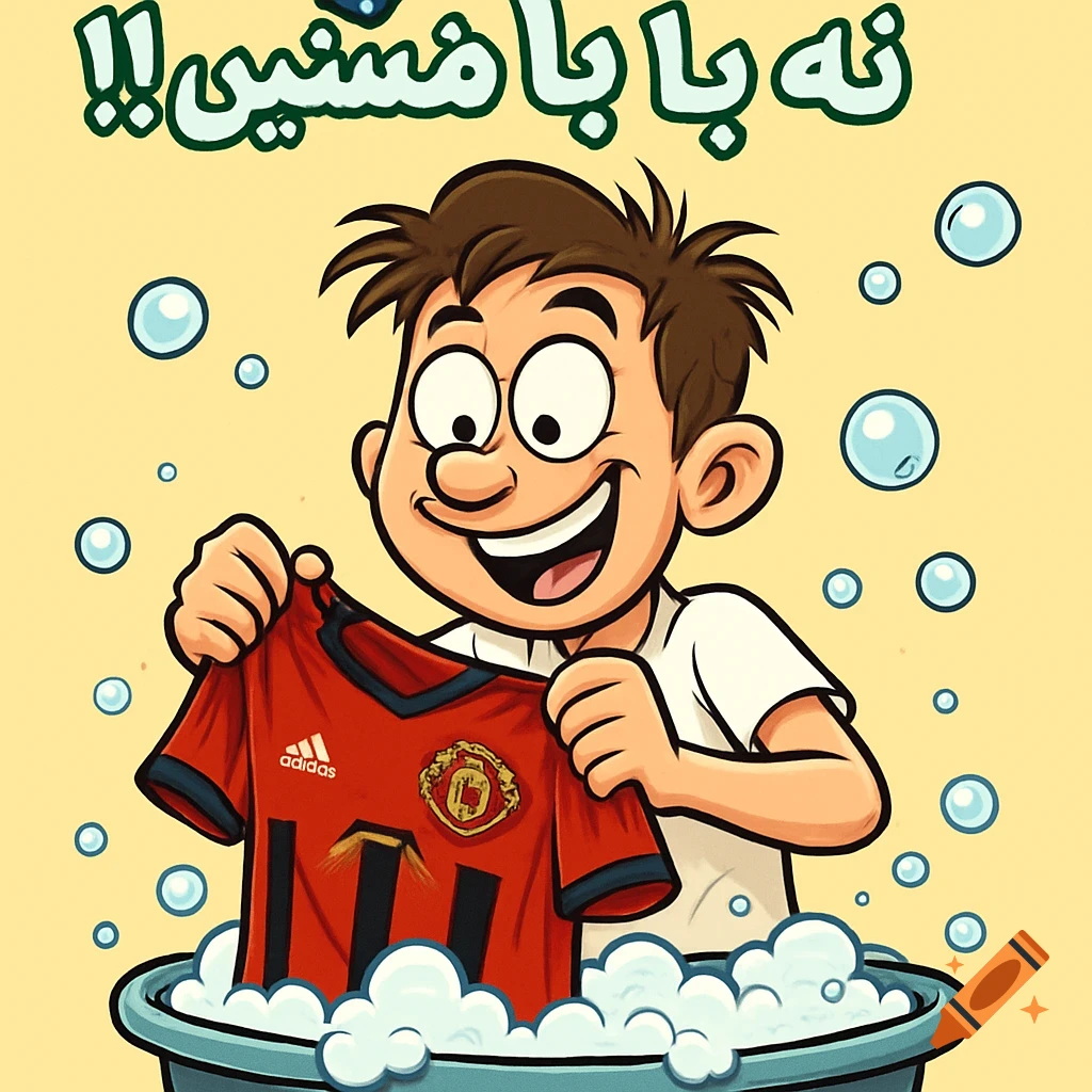 A happy cartoon boy smiling while hand-washing a red and black Manchester United football shirt in a basin with soap bubbles. Green text is at the top.