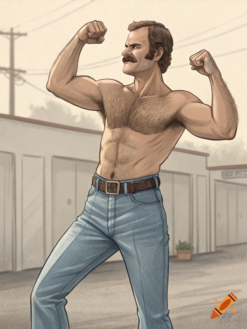 An illustration of a mustached man with a hairy chest wearing jeans, flexing his biceps outdoors.