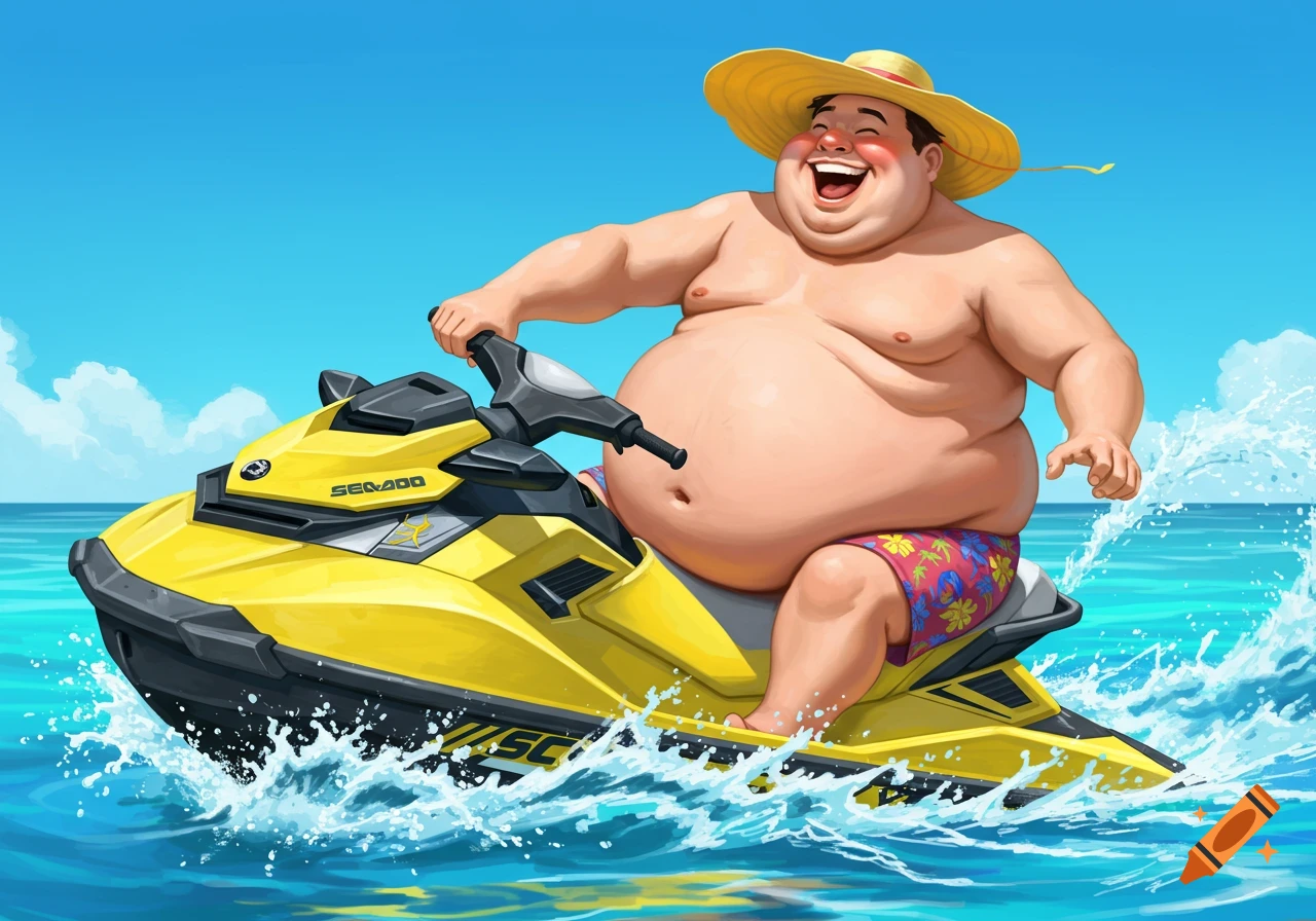 Cartoon illustration of a cheerful, heavy-set man in a straw hat and swim trunks riding a yellow jet ski on blue water.