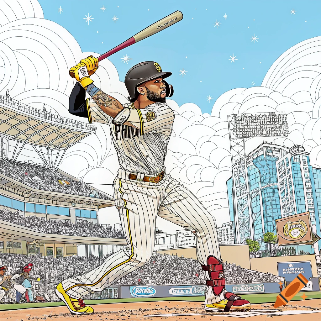Intricate coloring page of baseball player Fernando Tatis Jr. swinging a bat in a stadium.