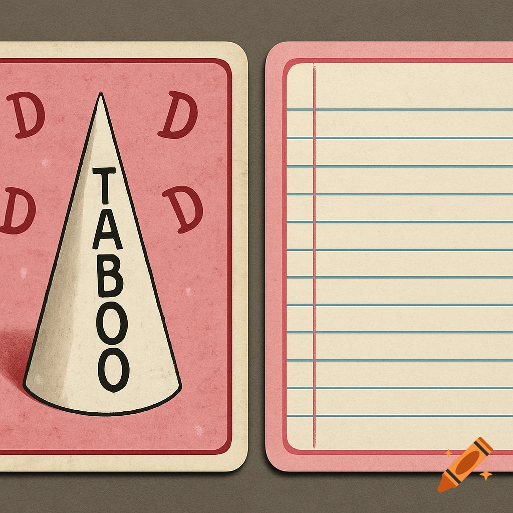 A pink playing card with a white dunce cap and the word TABOO, next to a blank lined card.