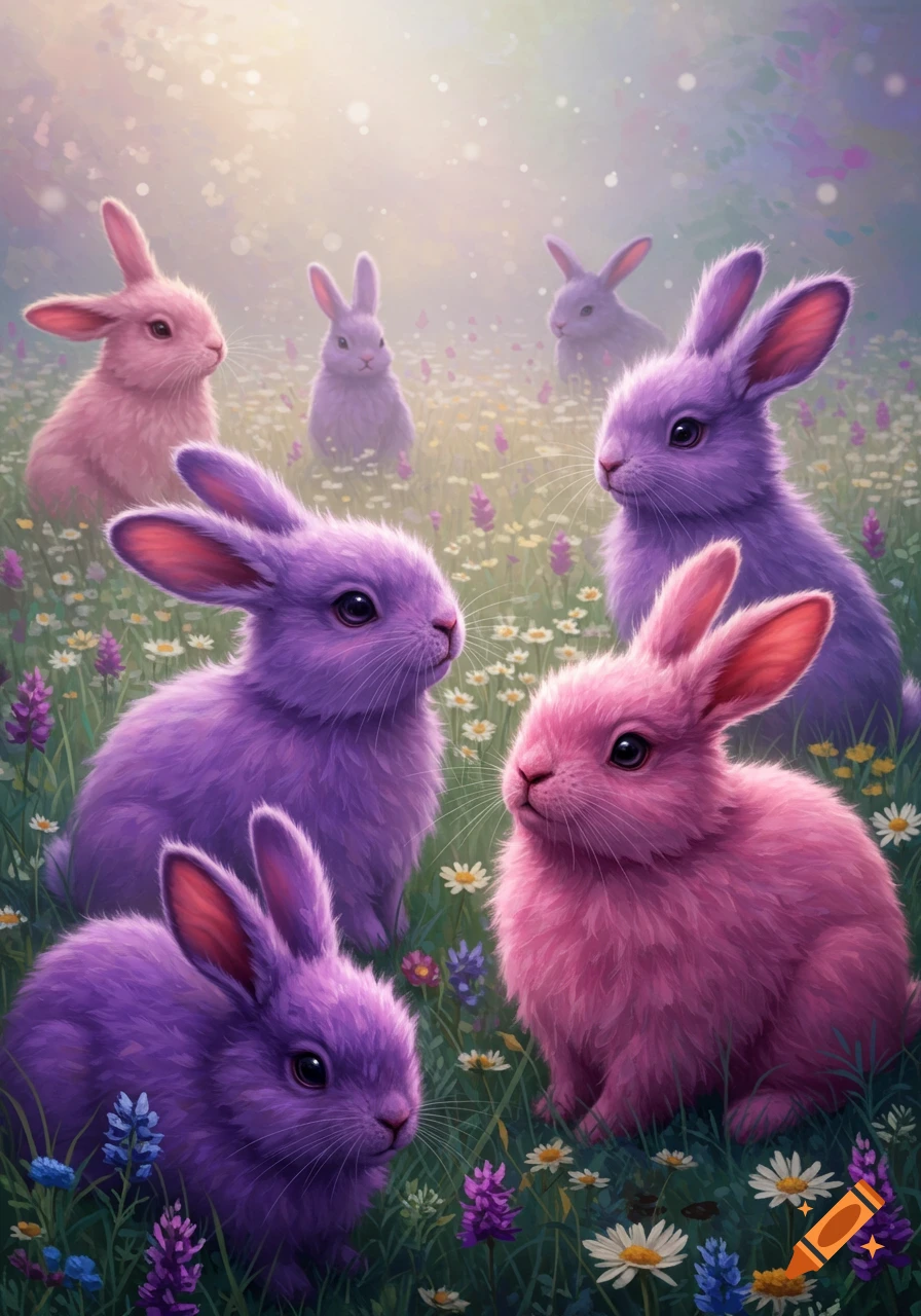 Seven purple and pink bunnies in a sunny field of white and purple wildflowers, photorealistic style.