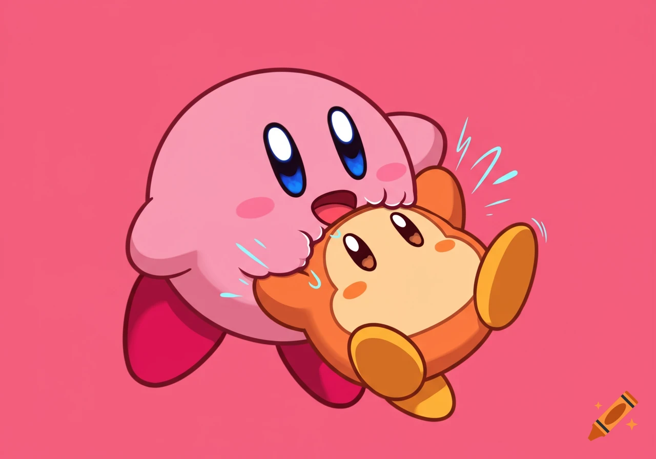 Pink Kirby is shown attempting to eat an orange Waddle Dee in a cute cartoon style against a pink background.