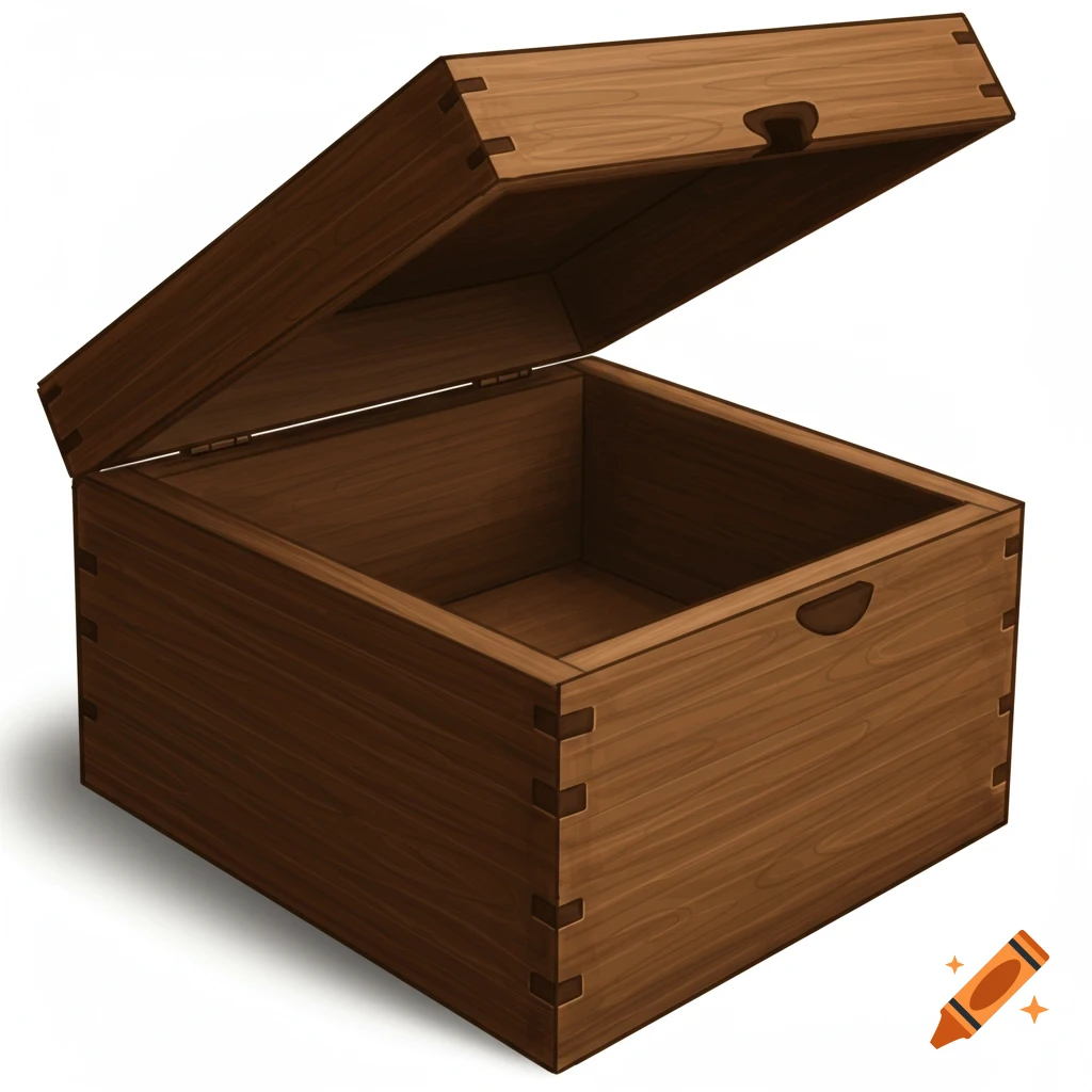 An open, empty wooden box with visible wood grain and dovetail joints, on a white background.