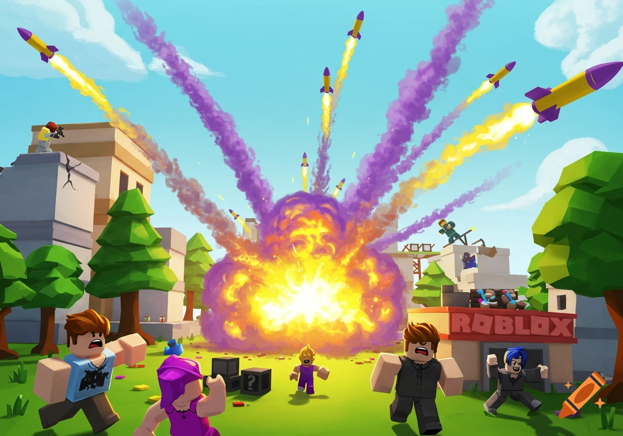 Roblox characters run from a large explosion in a city as yellow and purple missiles fly overhead.