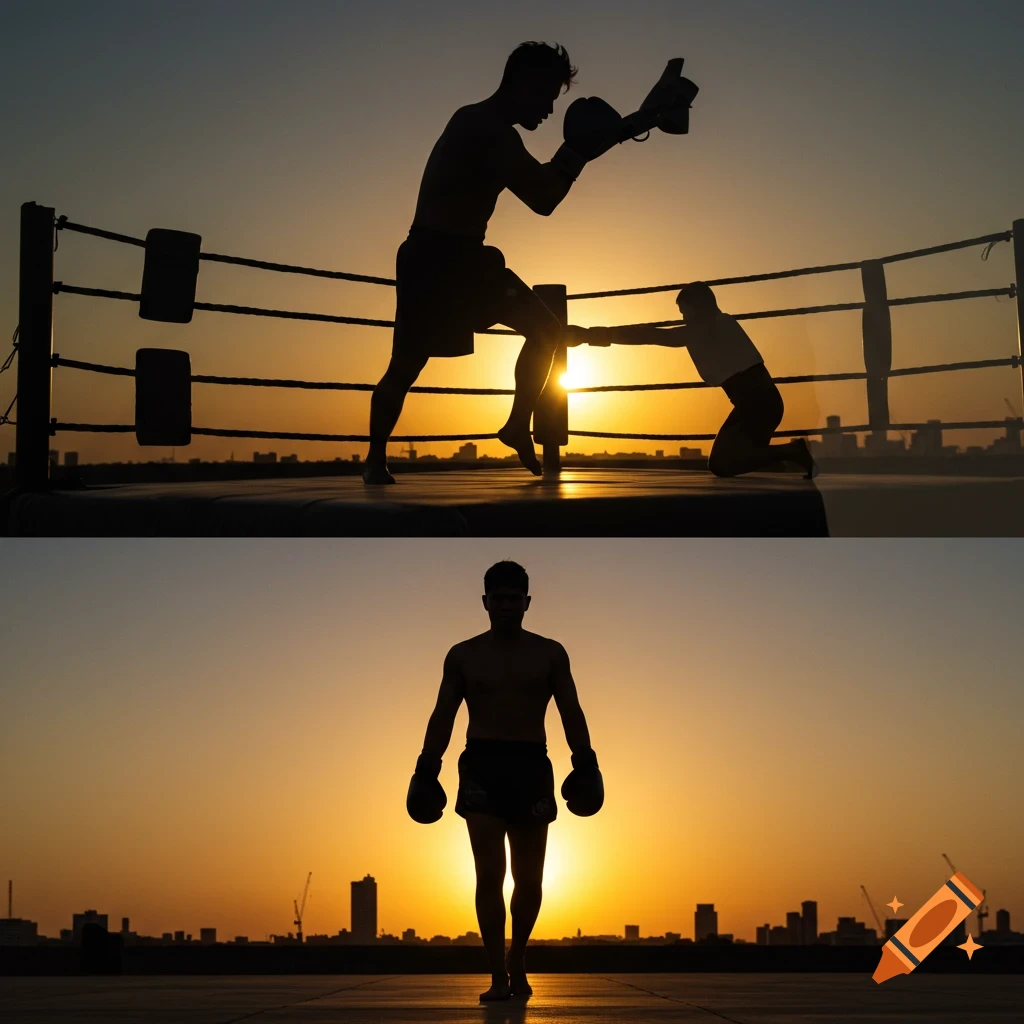 Two cinematic silhouette scenes of boxers at sunrise: one in a ring, another walking with gloves in front of a cityscape.
