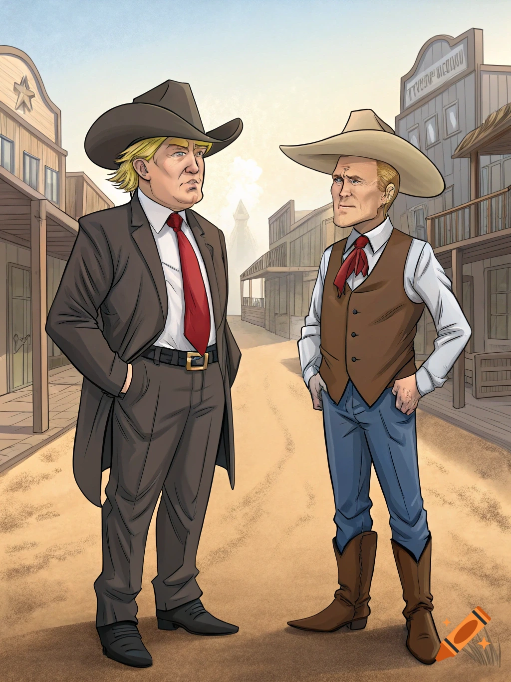 Two men, one resembling Donald Trump in a suit and cowboy hat, and another in a brown vest and cowboy hat, stand in an anime-style old Western town.