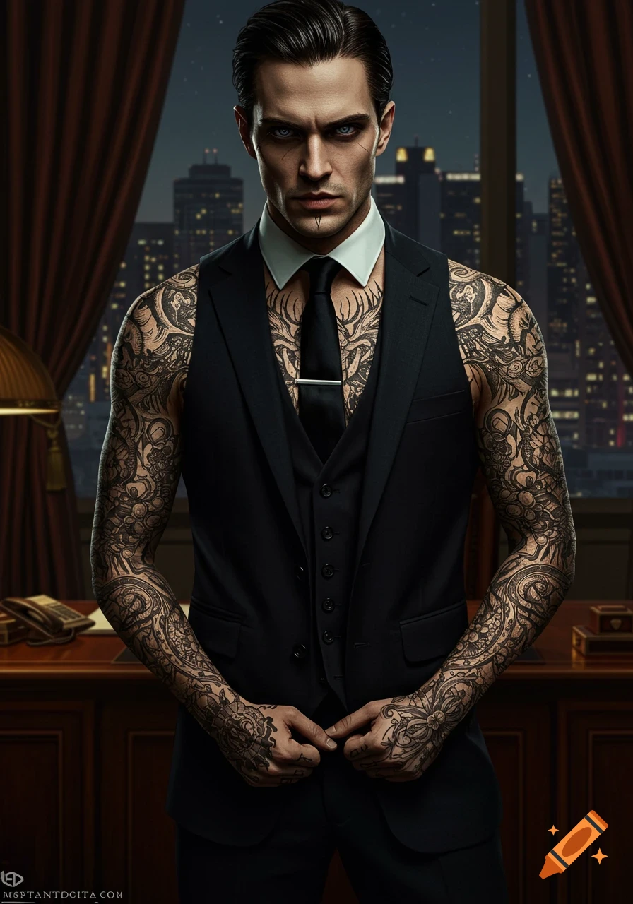 Photorealistic portrait of a young man with full arm and chest tattoos wearing a black suit and tie, looking intensely at the viewer in an office setting.