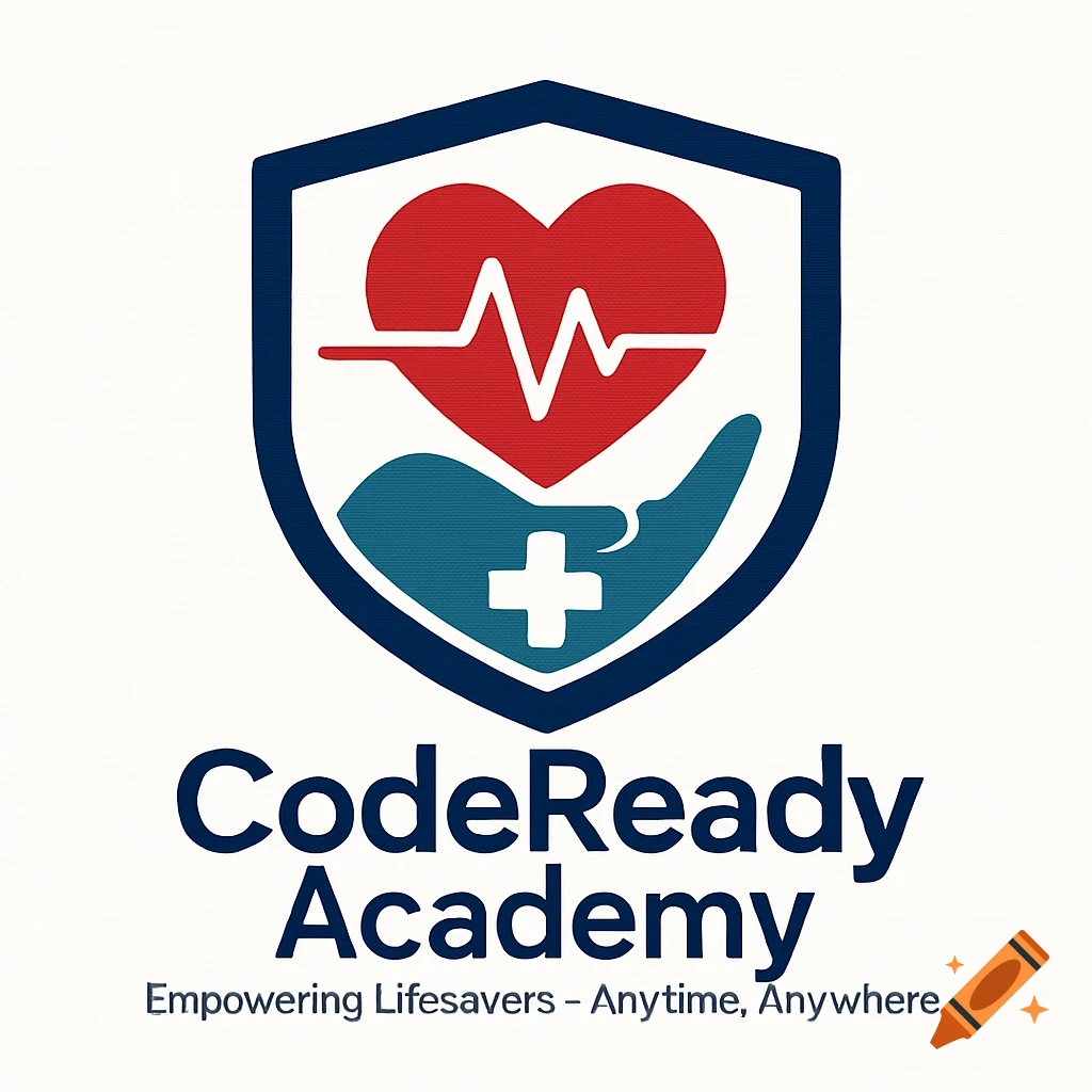 A logo featuring a red heart with an ECG line inside a blue shield, above a blue hand holding a white cross, with text 'CodeReady Academy' and 'Empowering Lifesavers - Anytime, Anywhere'.