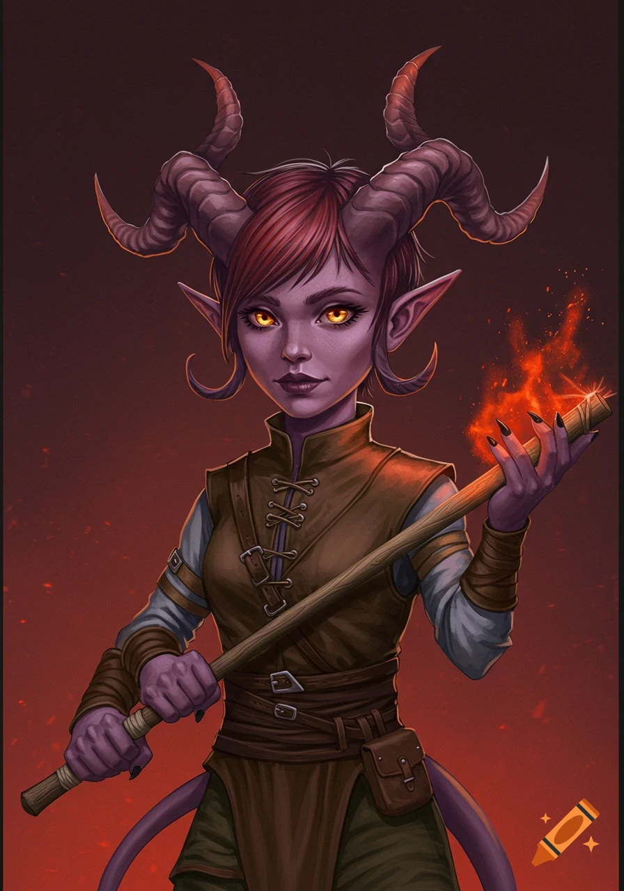A short, wiry Tiefling female with dusty mauve skin, curled horns, orange eyes, and short crimson hair, holding a staff with fire.