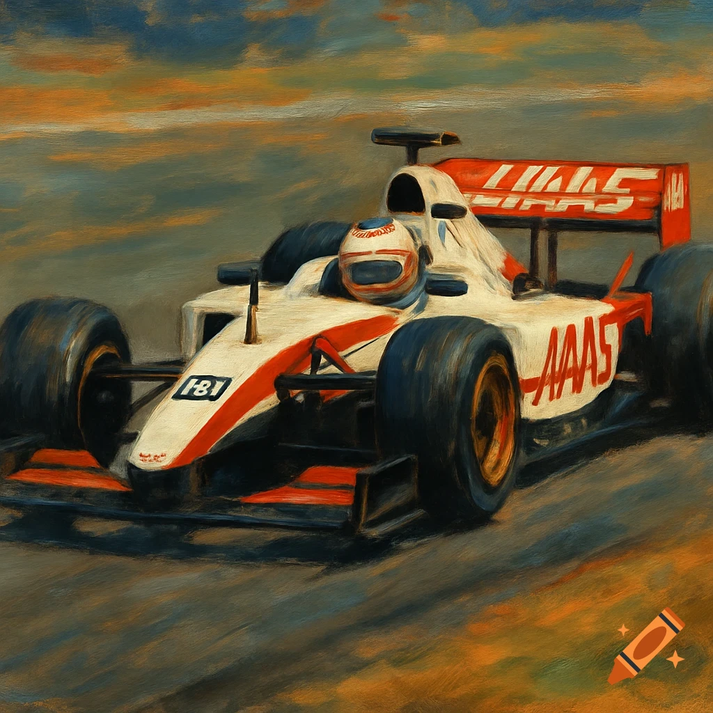 Oil painting of a white and red Formula 1 racing car with HAAS livery on a track under a cloudy sky.