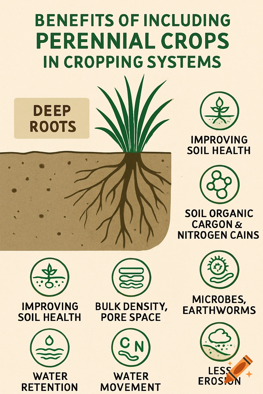 An infographic detailing the benefits of perennial crops. A plant with deep roots in soil is shown, surrounded by icons and text describing benefits like improving soil health, bulk density, water retention, and less erosion.