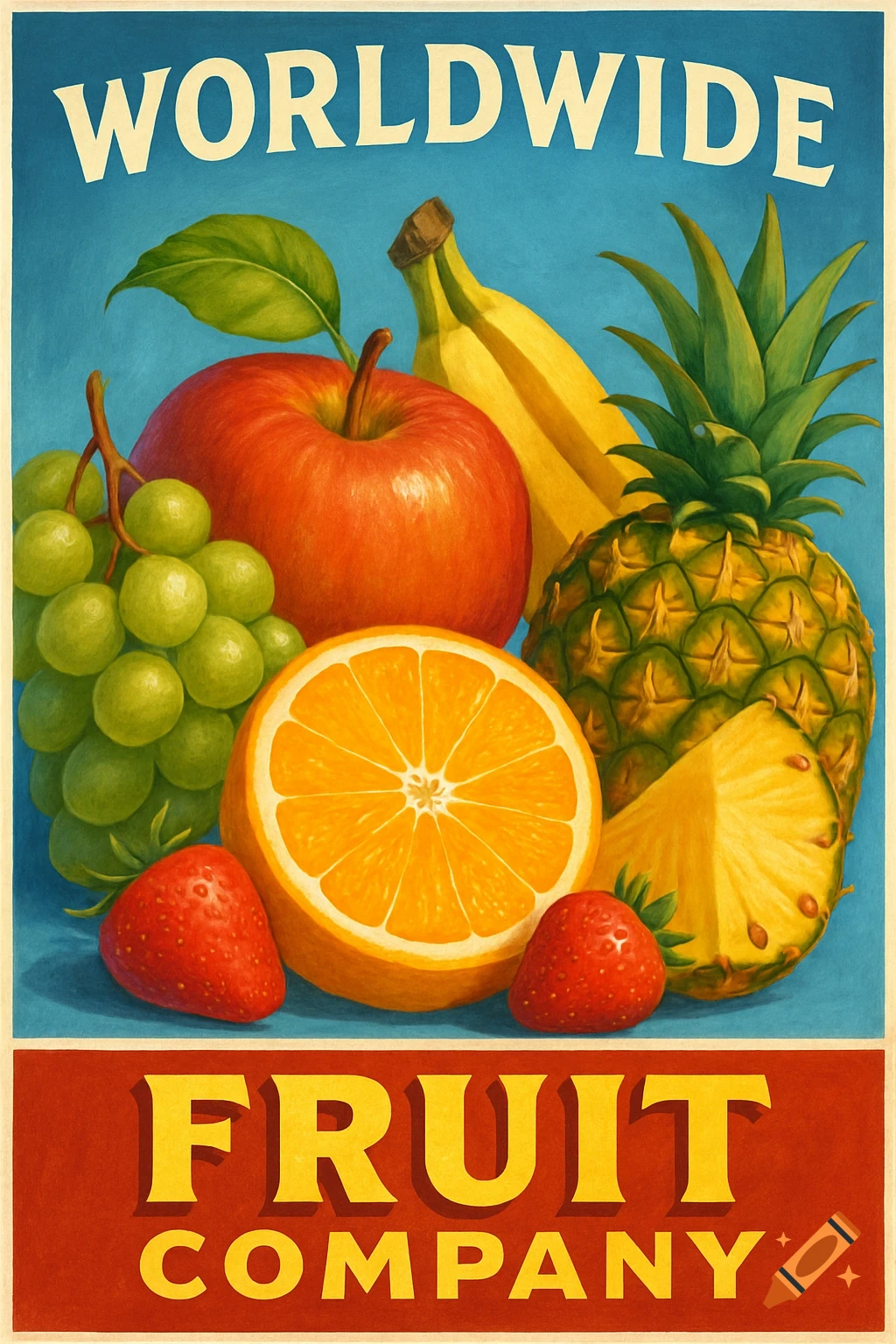 A vintage-style advertisement poster featuring a colorful arrangement of various fruits, with "WORLDWIDE FRUIT COMPANY" text.