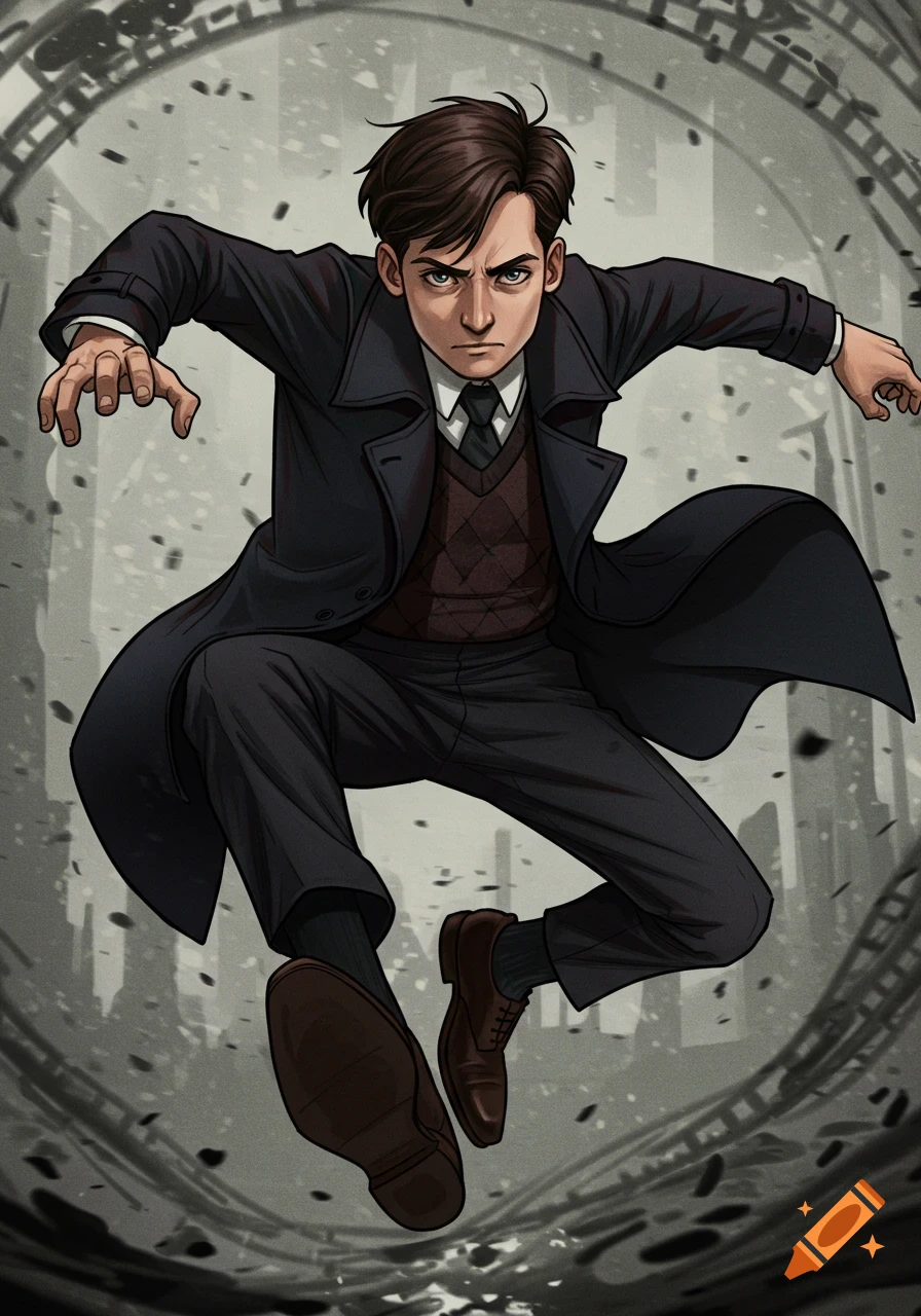 A young man in a dark coat and tie jumps in a dynamic comic art style, against a blurry, gritty background.