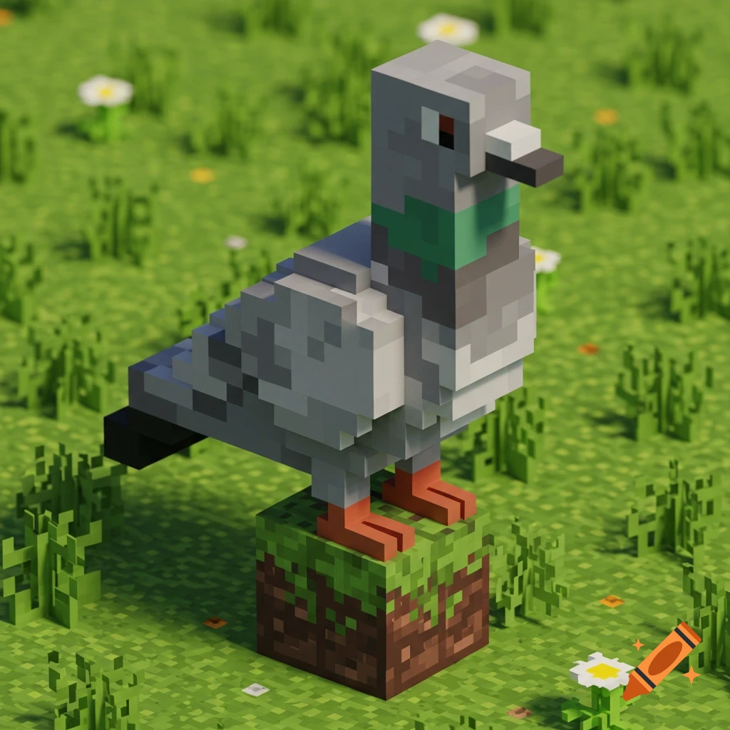 A pixelated pigeon in Minecraft style stands on a dirt block in a grassy field with flowers.