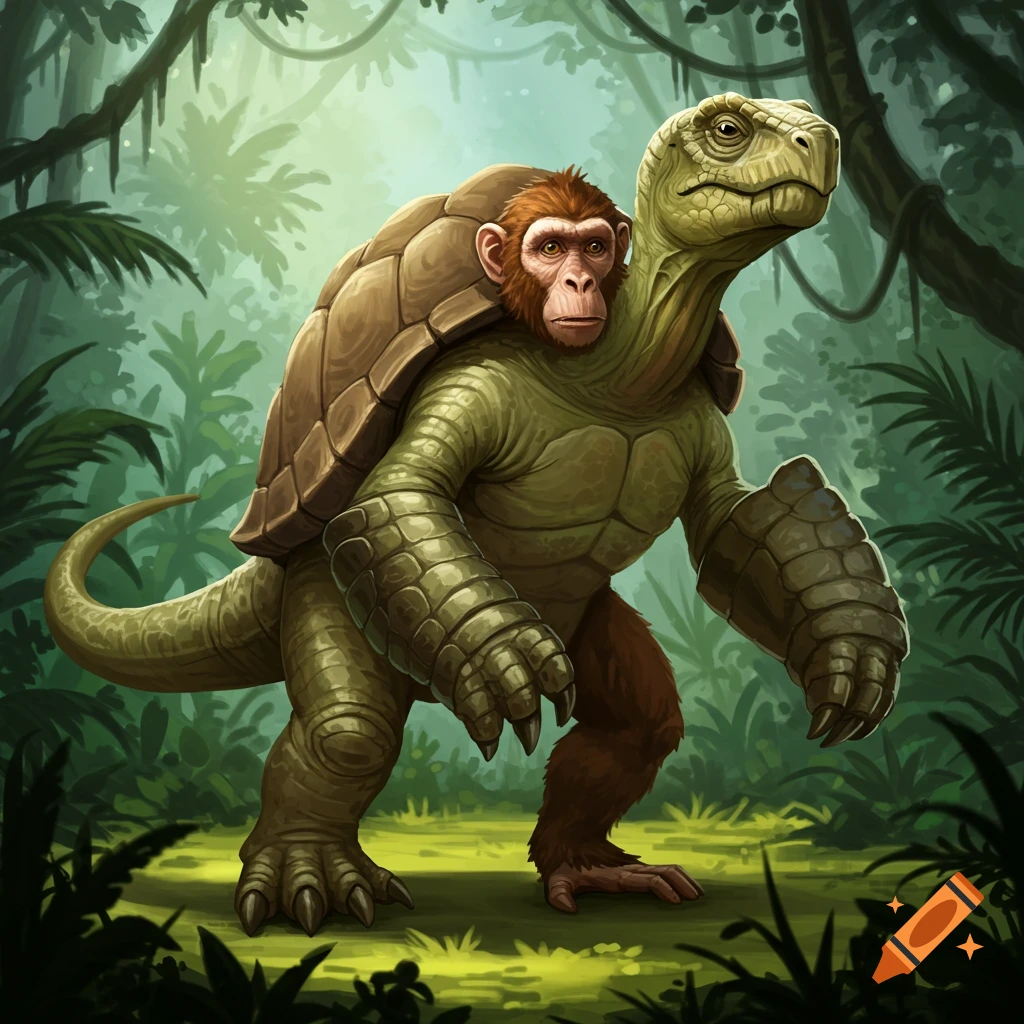 A fantastical hybrid creature with a turtle head, monkey face, reptilian body, and a shell, standing in a vibrant jungle.