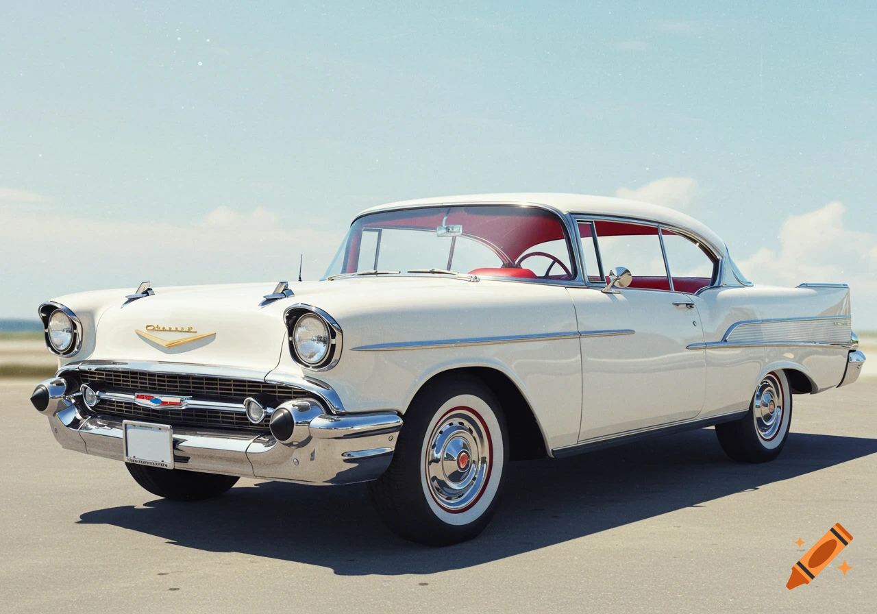 A pristine white and red 1957 Chevrolet Bel Air parked on asphalt under a clear blue sky, seen from the front side.