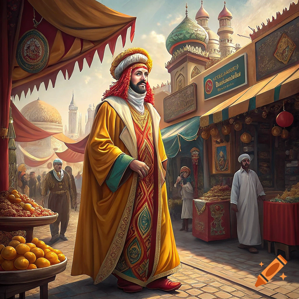 A man in elaborate yellow and red traditional Middle Eastern robes and a turban stands in a bustling market street.