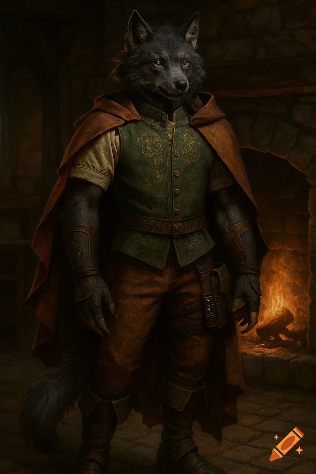 A highly detailed, photorealistic image of a humanoid wolf character in a green vest and brown cape standing by a tavern fireplace.