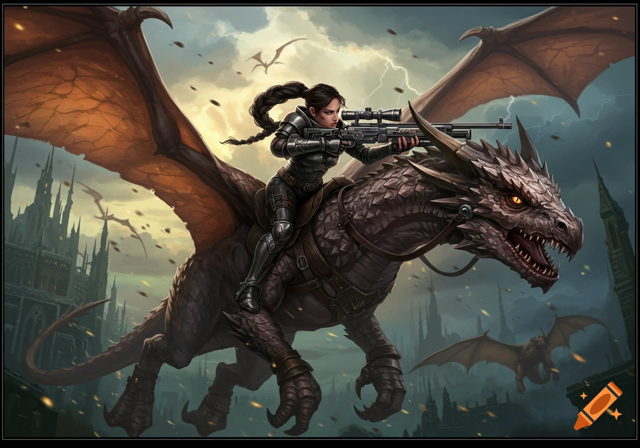 A female warrior in dark armor aims a sniper rifle from atop a flying dragon over a gothic cityscape with lightning in the sky.