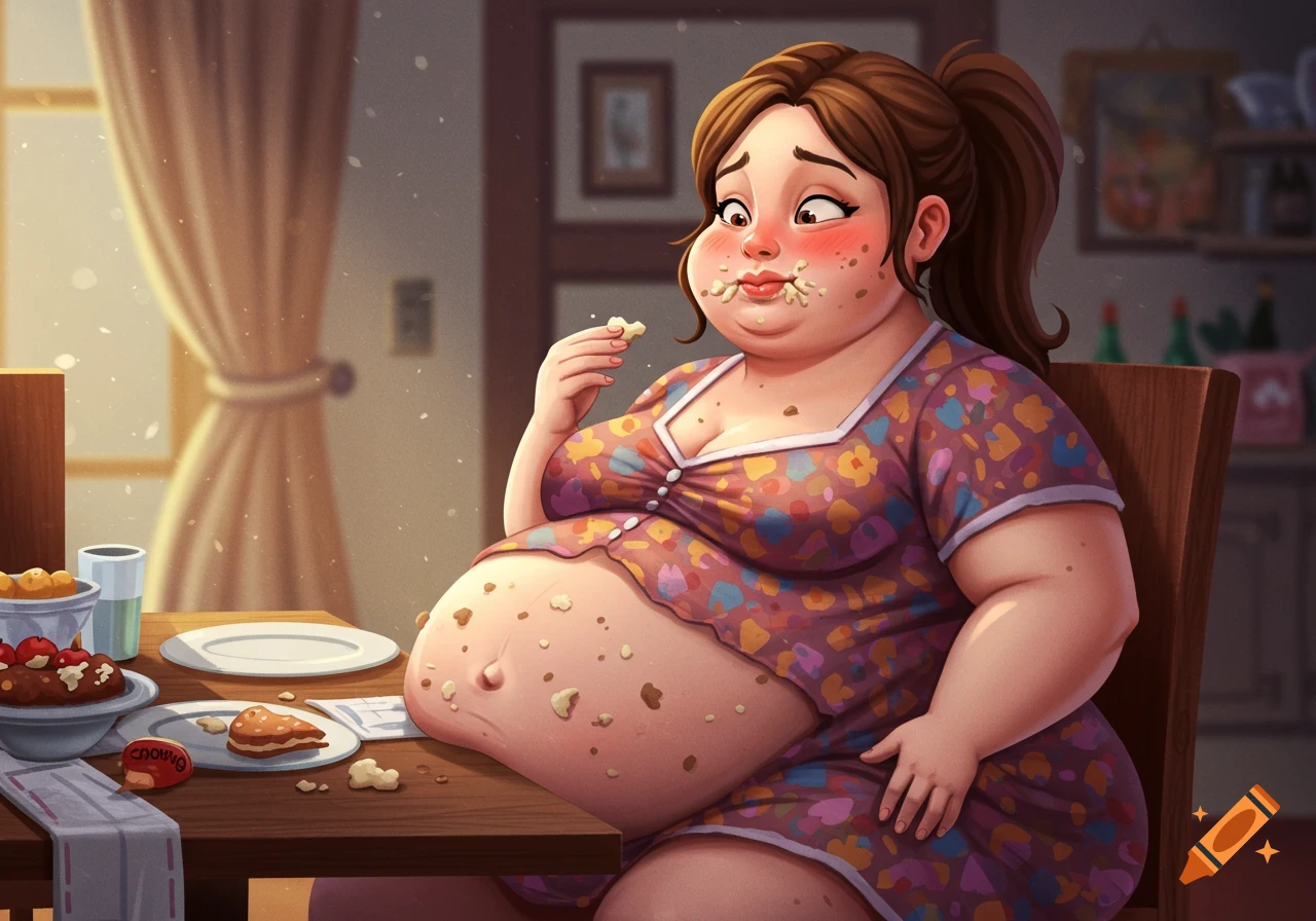 A cartoon woman with a large belly sits at a table covered in food crumbs, eating more, in a detailed, illustrative style.