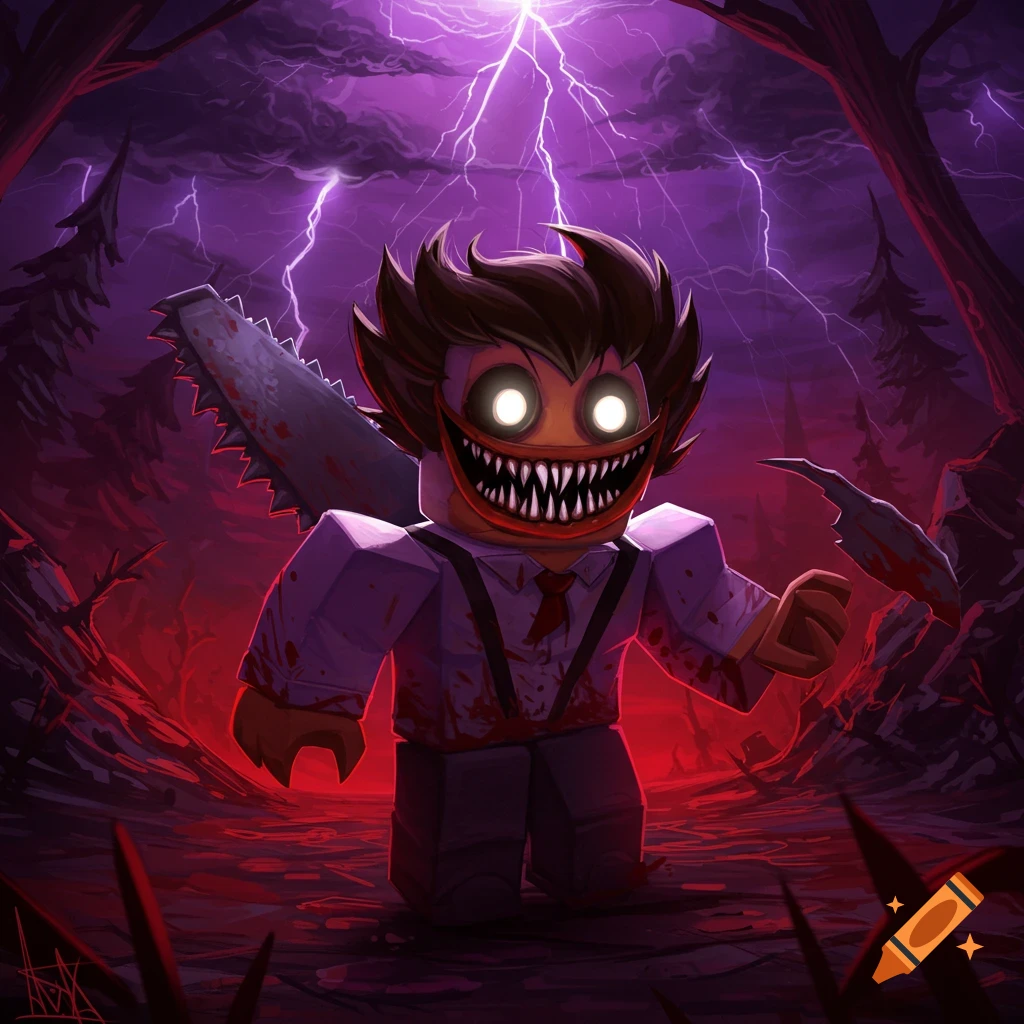 A scary Roblox character with glowing eyes, sharp teeth, and a chainsaw on its back stands in a dark, lightning-filled forest.