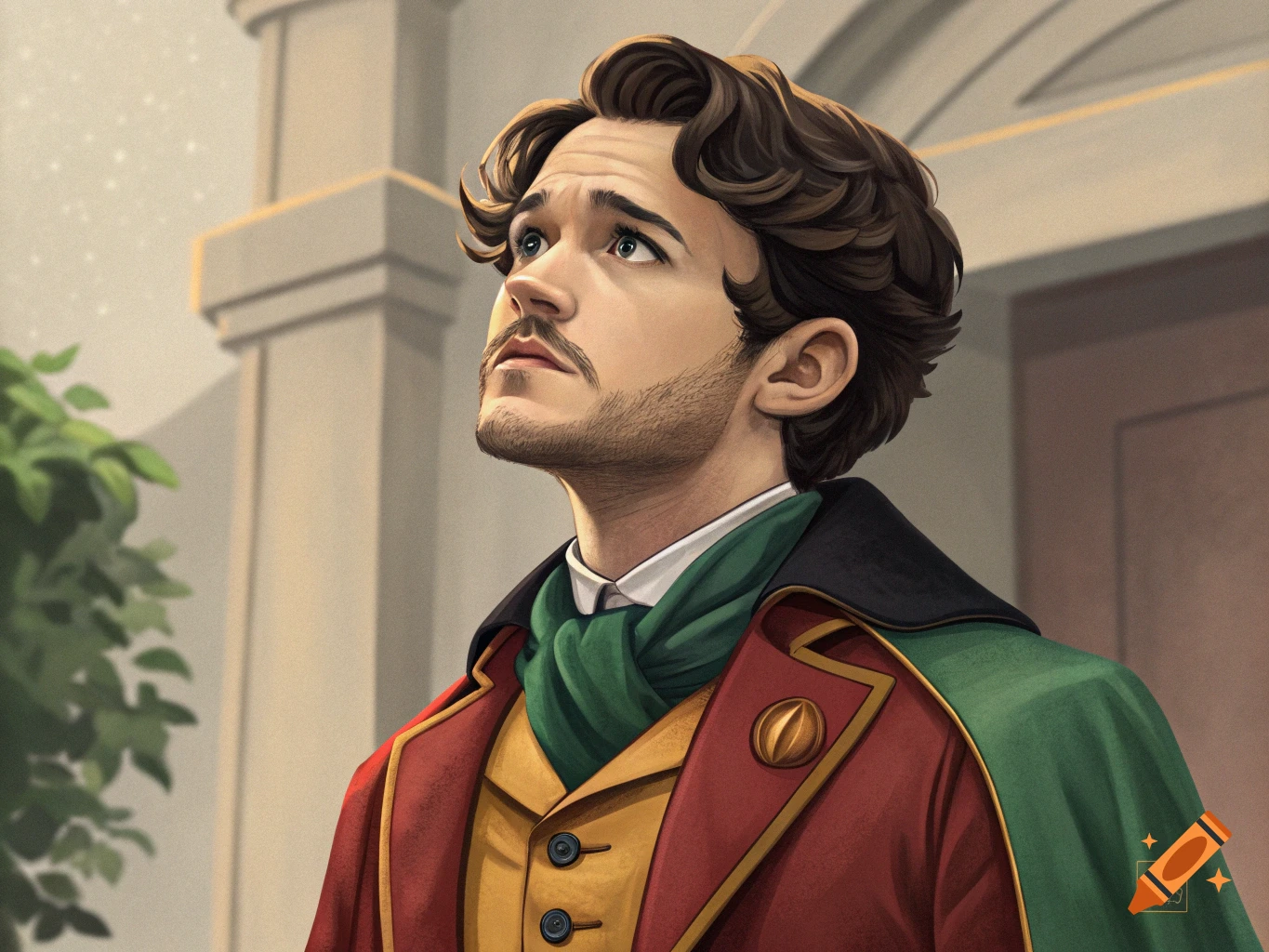 A stylized portrait of a young man with wavy brown hair, a beard, and mustache, looking upwards. He wears a red and gold jacket with a green cape and scarf.