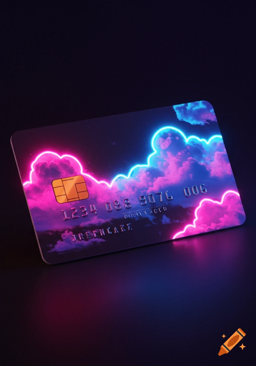 A credit card featuring a design of vibrant pink and blue neon-outlined clouds, against a dark background.